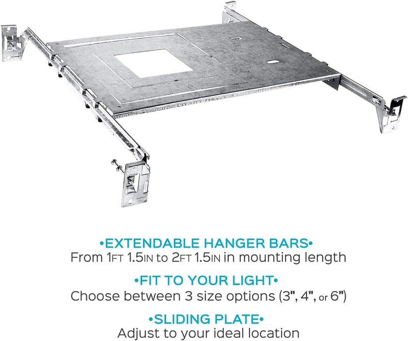 LUXRITE New Construction Mounting Plate, 3-4-6 Inch Square LED Recessed Lighting Kits, Extendable Hanger Bars, ETL Listed - Shallow Recessed Light Housing (6 Pack) - Image 2